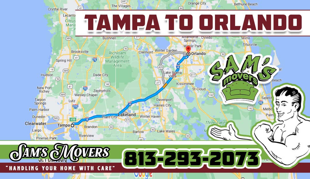 Map from Tampa to Orlando with Sam's Logo
